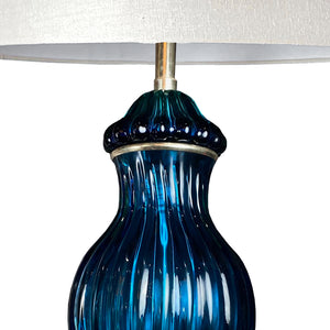 ARCHIMEDE SEGUSO DEEP BLUE MURANO LAMPS WITH WHITE GOLD BASE, ITALY 1950'S