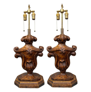 HAND CARVED WOOD LAMPS MID 20TH CENTURY