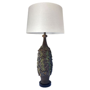 HAND THROWN STUDIO CERAMIC LAMP WITH LAYERED TEXTURAL EMBELLISHMENTS - 1960'S
