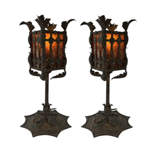 SPANISH 1930'S HAND FORGED IRON TORCHIERE PAIR WITH MICA SHADES