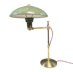 1950’S USA GREEN, BRASS, AND STEEL ADJUSTABLE TASK LAMP