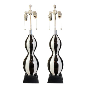 PAIR OF BLACK & WHITE STRIPED TABLE LAMPS