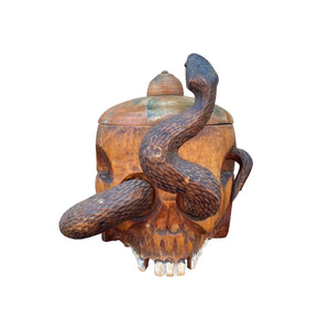 ANTIQUE JAPANESE WOOD CARVED SNAKE AND SKULL BOX