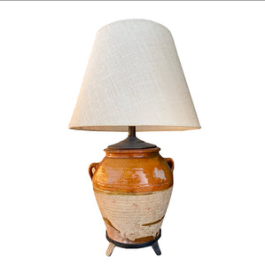 SPANISH OLIVE JAR MOUNTED AS LAMP