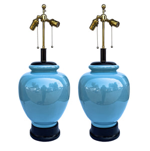 USA 1960’S PAIR OF BLUE GLAZED CERAMIC LAMPS