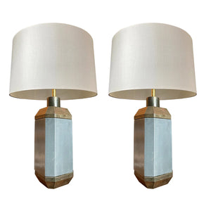 FRANCE MID 20TH CENTURY BRUSHED STEEL & BRASS LAMP PAIR