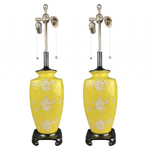 1950’S PAIR OF YELLOW PORCELAIN LAMPS WITH FLOWER MOTIF